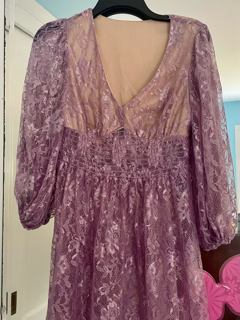 B Darlin Lavender Lace Long Sleeve V-Neck Dressy Short Dress